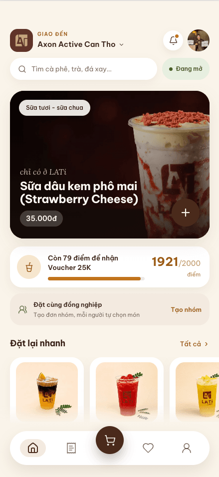 LATi Coffee mobile homepage with quick reorder and group ordering
