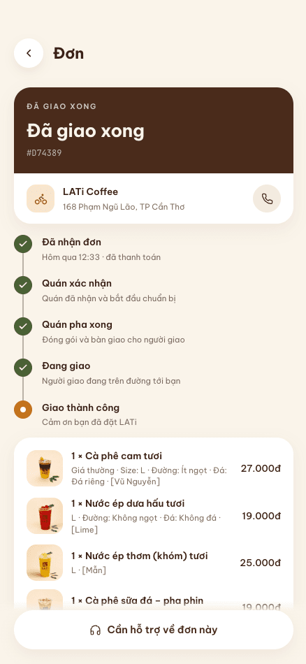 Completed LATi Coffee order with a step-by-step delivery timeline
