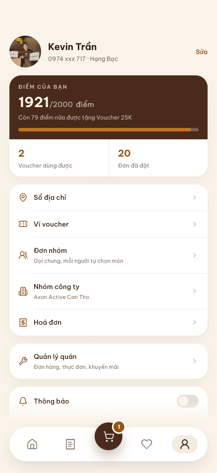 LATi Coffee account with loyalty points, vouchers, orders, and addresses