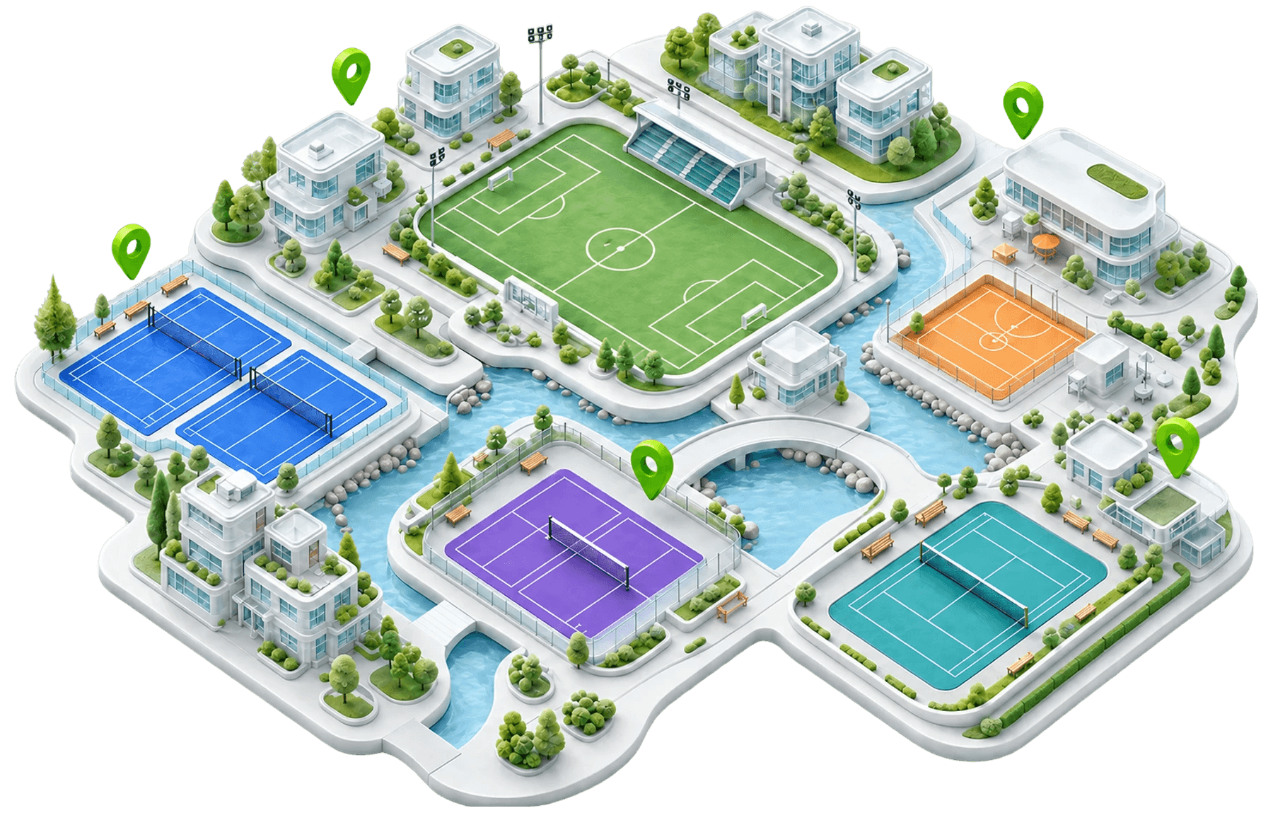 Lensan illustration connecting football, badminton, pickleball, and other sports courts